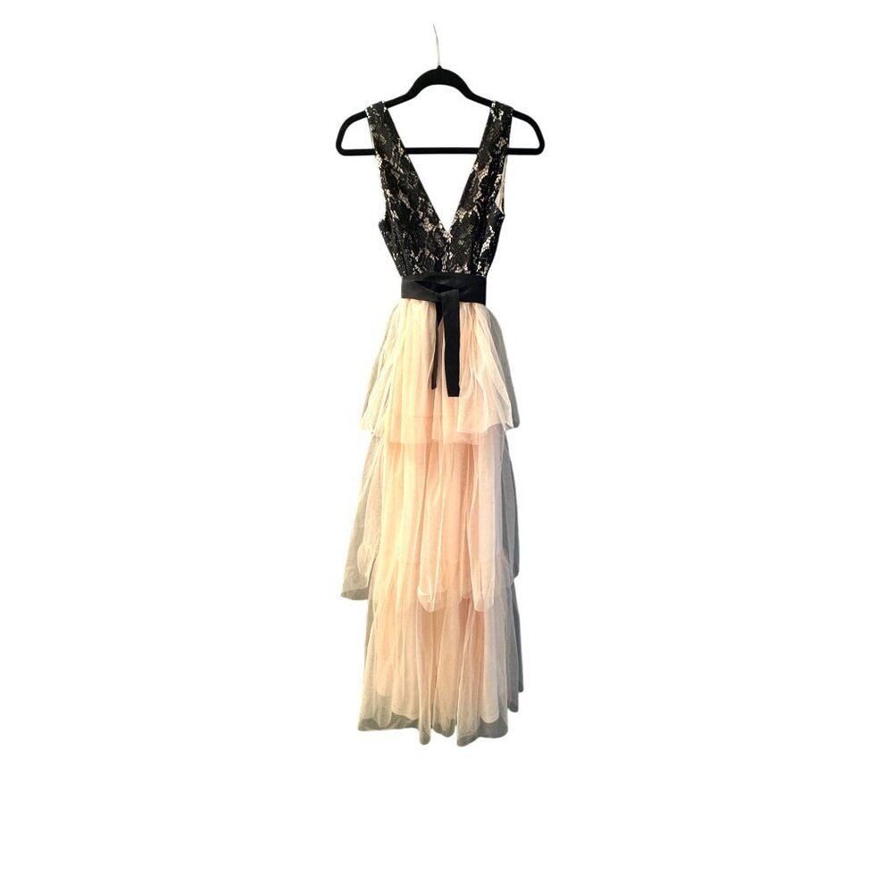 Avec Les Filles Black Lace & Pink Tulle Sleeveless Tiered Maxi Dress Size 4